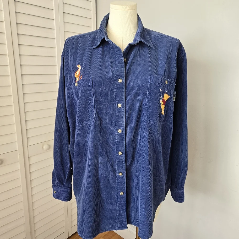 Vtg Disney Pooh Navy Embroidered Corduroy Button-up Shirt XL Cottagecore Retro - Picture 2 of 13